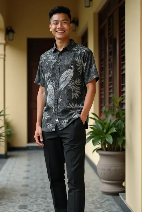  Photo image Model of a handsome Indonesian man , very short hair, detailed face,  thin smile ,  wearing a black white batik shirt with peacock motif, black pants,  black shoes ,  he is standing in a harmonious pose , face looking at camera, on the porch o...