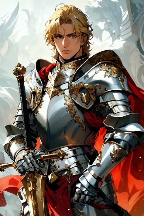 A middle-aged noble knight ,  with well-trimmed blond hair ,  wearing shiny, polished armor ,  with gold and silver details .  He holds an ornate sword in his right hand and a shield with his familys coat of arms in his left.  His gaze is confident and aut...