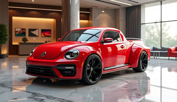 3D view of  2025 Red Volkswagen beetle Pickup in beautiful and luxury showroom. 