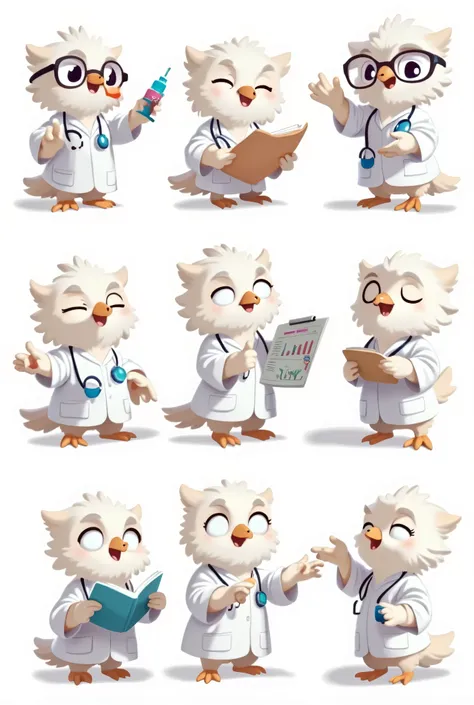 An anthropomorphic light-colored owl anesthesiologist named Som, maintaining its signature wise and professional personality. Som has soft feathers, expressive eyes, and small glasses perched on its beak, wearing a white lab coat and a stethoscope. The cha...