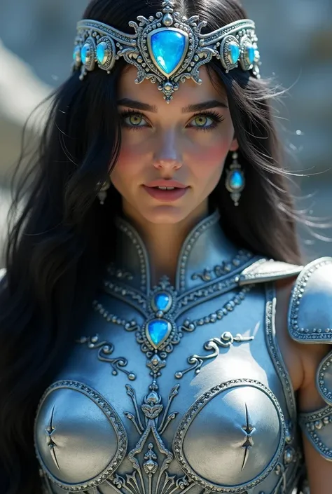 maria, with her striking beauty ,  she has long, black hair that falls in soft waves over her shoulders .  Her bright green eyes reflect determination and wisdom ,  highlighting his imposing presence .  She wears silver armor with details in shimmering blu...