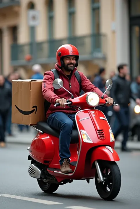 there is a man riding a red motorcycle on the street, riding a motorbike, delivering parsel box, riding a motorcycle, delivering mail, selling his wares, motorbiker, sitting on a motorcycle, moped, without helmet, motorcycle, riding a motorbike down a stre...