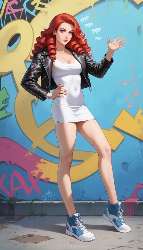 Youthful, 11-years-old, 16K resolution, Ultra High Definition, wearing futuristic erotic mini dress, over-the-knee style, with a  futuristic cool look, graffiti background, perfect body, perfect face, perfect hands, perfect legs, beautiful, detailed, anato...