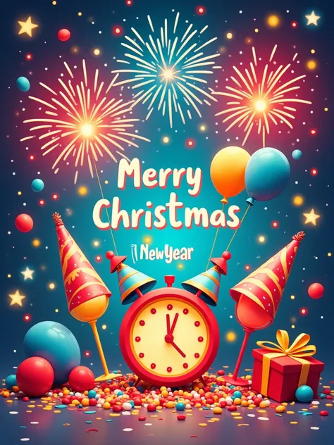 Create a vibrant and cheerful Merry Christmas and New Year design with festive elements like fireworks , glasses of champagne, confetes, balloons,   hats and fables .  Include playful typography for Adrito Júlio Wish all friends and family Happy New Year 2...