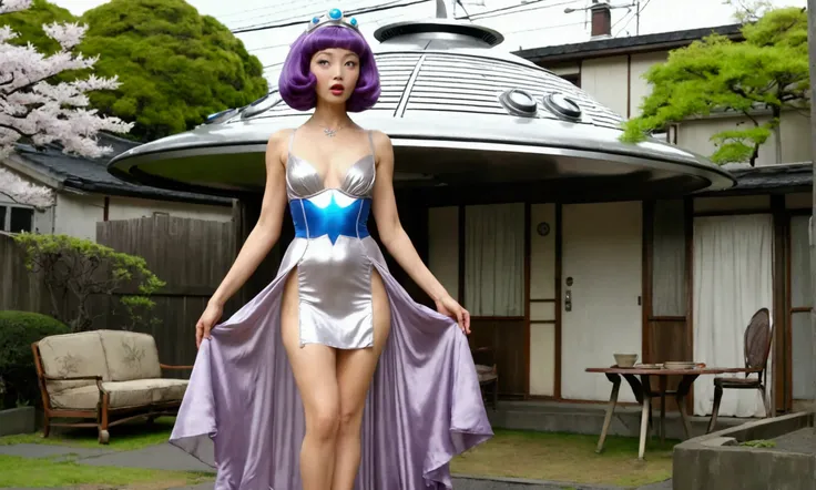 A cute woman (role of Purple alien princess of Venus, sheer silk silver gown, no underwear) is departing her 1950s style UFO to approach a surprised man on earth. Venus needs men, Tokyo back yard