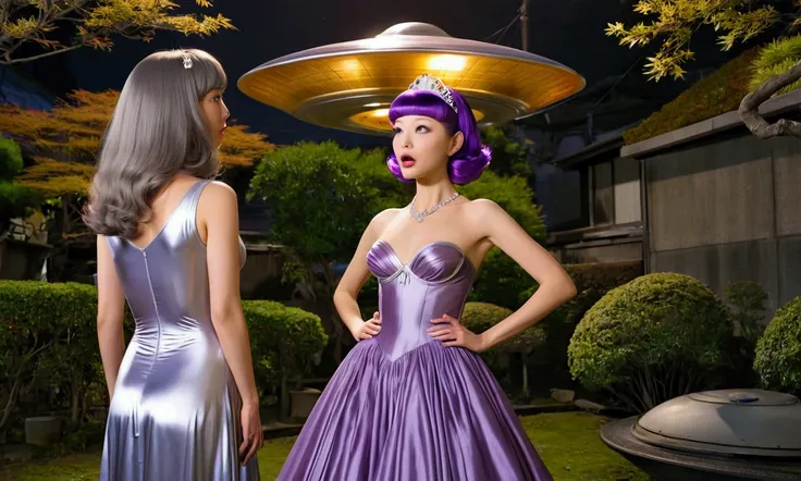 A cute woman (role of Purple alien princess of Venus, sheer silk silver gown, no underwear) is departing her 1950s style UFO to approach a surprised man on earth. Venus needs men, Tokyo back yard