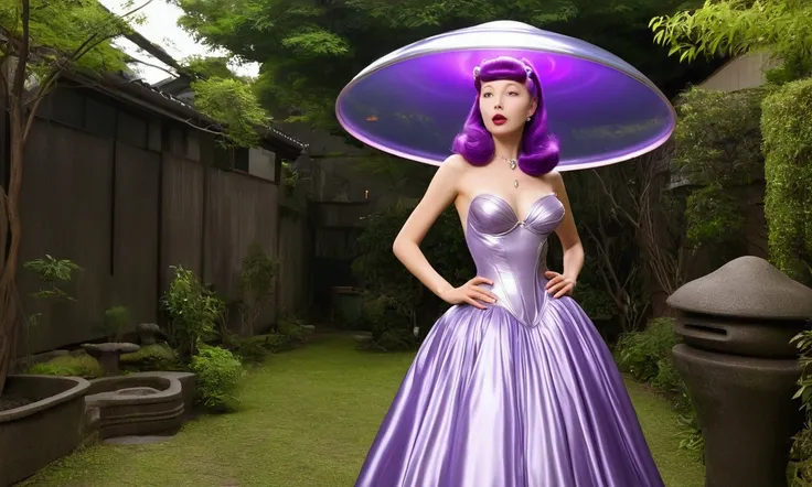 A cute woman (role of Purple alien princess of Venus, sheer silk silver gown, no underwear) is departing her 1950s style UFO to approach a surprised man on earth. Venus needs men, Tokyo back yard
