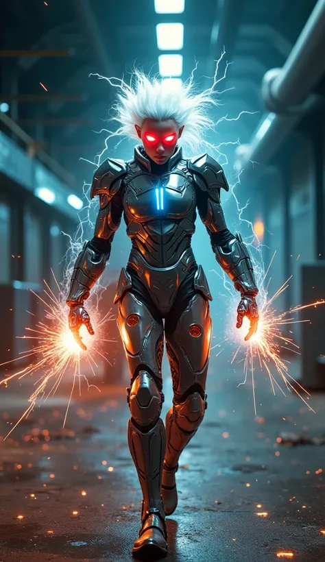 A futuristic warrior in gleaming metallic armor emerges from the shadows of an abandoned high-tech laboratory. His white, energy-charged hair and glowing red eyes radiate power as sparks of electricity crackle around him. The camera slowly circles the char...