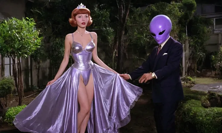 A cute woman (role of Purple alien princess of Venus, sheer silk silver gown, no underwear) is departing her 1950s style UFO to approach a surprised man on earth. Venus needs men, Tokyo back yard
