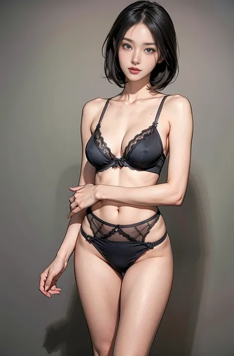 1 Girl、Black Bob Hair、Embarrassed look、Boyish handsome girl standing with her hands behind her back、slender、Her soft-looking big breasts are about to spill out of her bra.、Sideboob、Healthy thighs、Knee、Anatomically correct、Accurate fingering、Small bra、Small...