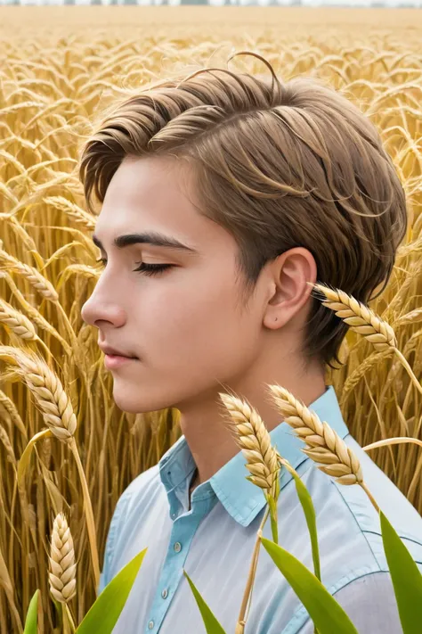 A young man dreaming of ears of wheat bowing to a central ear."