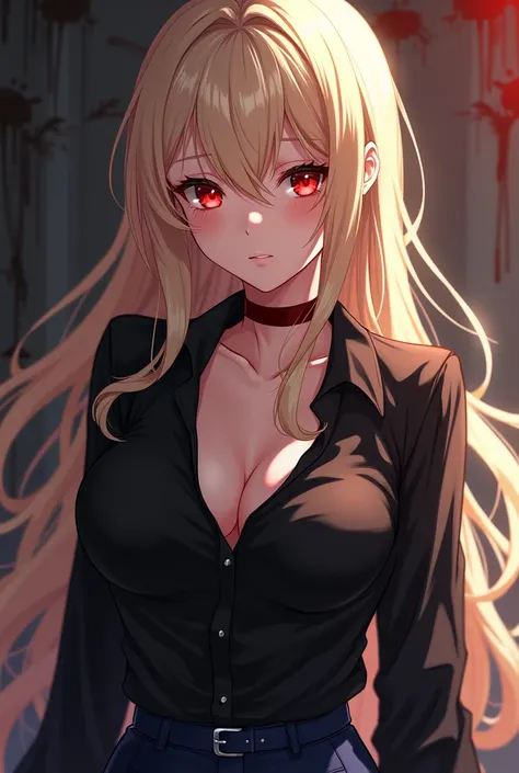 anime, Feminine woman, light skin,  blond hair , red eyes, Black shirt with long sleeves that reveal the shoulders,  dark blue pants,  assassin, blood. 