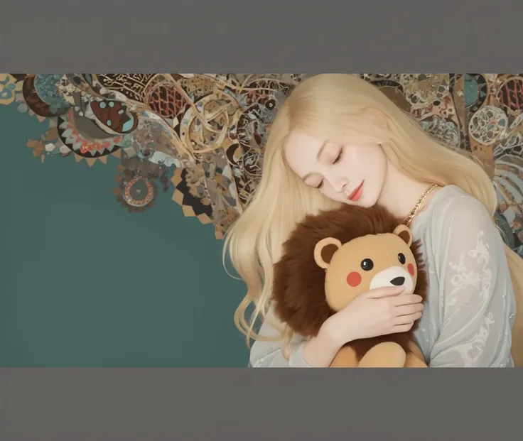  A blonde hair straight long hair Girl . holding cute lion plush doll. girl hair very long , background abstract , Gustav Klimt style , low brightness ,Milky color , golden straight hair ,face close-up,Night image,Golden hair outline , Doll simplified nerd...