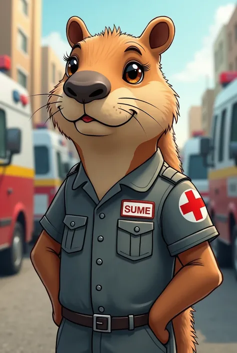 Make me a capybara with chocolate-honey eyes and dark circles dressed as a paramedic, that the uniform is gray with the star of life and that the background is of ambulances, let it be a cartoon, put a badge that says SUME