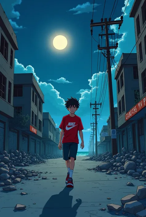  Create an anime-style passage with a boy wearing a red Nike shirt, Walking through a wrecked street at night the character is on the coast .
