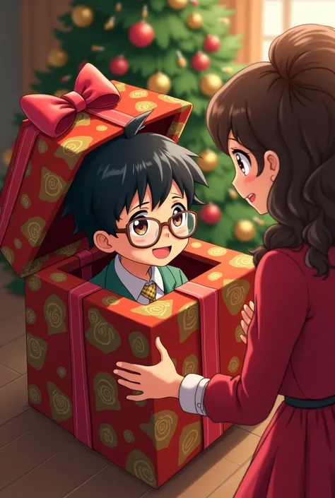 Create an anime man with glasses and black hair and brown skin coming out of a very large gift with a bow on his head and opened it by a woman with curly brown hair with brown eyes and white skin dressed in a red Christmas dress and in a room next to a Chr...