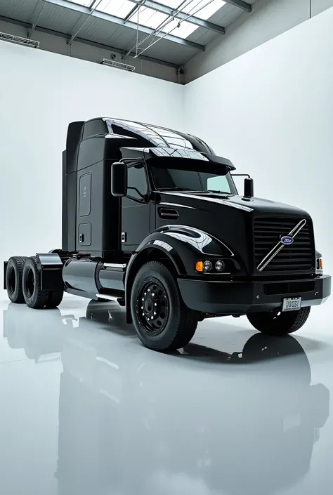 On the left side, the (2025 ford cl 9000 track) truck’s futuristic design is even more striking, with its vibrant black paint contrasting against the sleek white showroom. The truck’s sharp, angular features stand out under the lights, and the chrome detai...