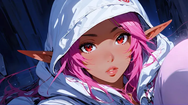 (masterpiece, best quality:1.2), 1 girl, alone, tanned skin, gyaru woman, eyeliner, detailed beautiful glistening red eyes, zip-up hoodie over head, night time, (from below: 1.1), lip gloss, shadow over face, against the wall, kabedon, between legs, pointy...