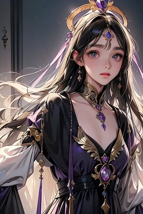 ((best quality)), ((masterpiece)), (detailed), 1girl, (big forhead:1.2),extremely detailed cute anime face, (((flat chest))), ((((long flowing black hair)))), intricate eyes, beautiful detailed purple eyes, symmetrical eyes, (((detailed face))), beautiful ...