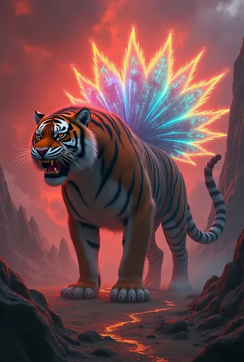 Create a hybrid creature that combines the features of a tiger and a peacock into one seamless, monstrous entity. The creature should have the muscular body and ferocious facial structure of the tiger, fused with the vibrant, feathered elements of the peac...