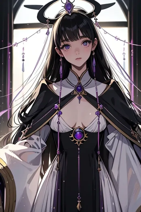 ((best quality)), ((masterpiece)), (detailed), 1girl, (big forhead:1.2),extremely detailed cute anime face, (((flat chest))), ((((long flowing black hair)))), intricate eyes, beautiful detailed purple eyes, symmetrical eyes, (((detailed face))), beautiful ...