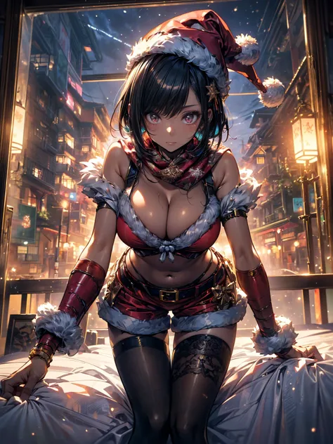 masterpiece,(Best Quality),Very detailed,Very detailed,One mechanical girl (1girl.alone:1.4)(calligraphy:1.3)(A gal with dark tanned skin:1.2)  SantaColoCostume           、(high detailed beautiful Big breasts:1.3)breast cleavage, ( Saint Santa Claus costum...