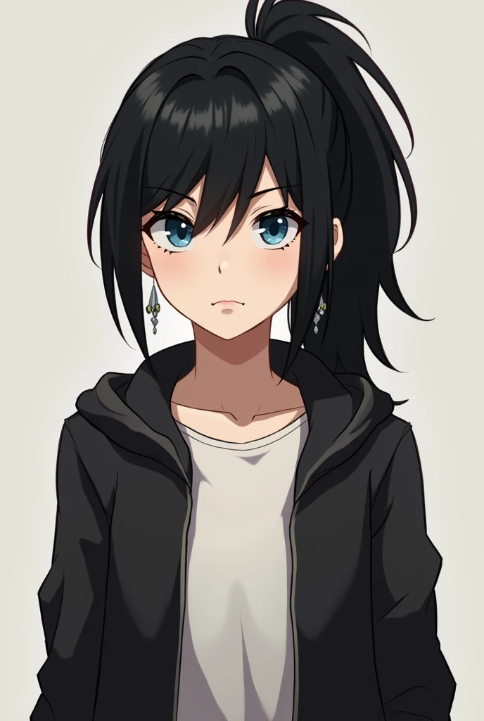 She is a 17-year-old girl with black hair styled in a spiky ponytail, wearing earrings, and has striking blue eyes. Her outfit consists of a black jacket over a white shirt, and she is depicted in the Life is Strange art style.