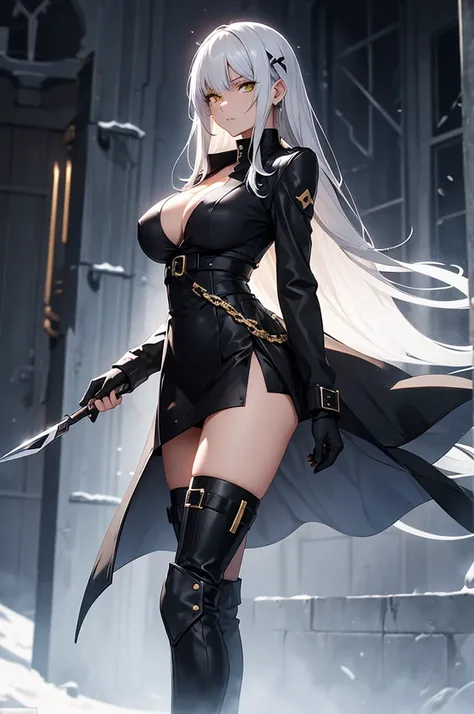 a young woman with a serious expression and long silver hair. She has piercing yellow eyes and a visible scar in the shape of an X on her right shoulder, partially covered by her black armband. dressed in a sleek, black military-style uniform with gold acc...