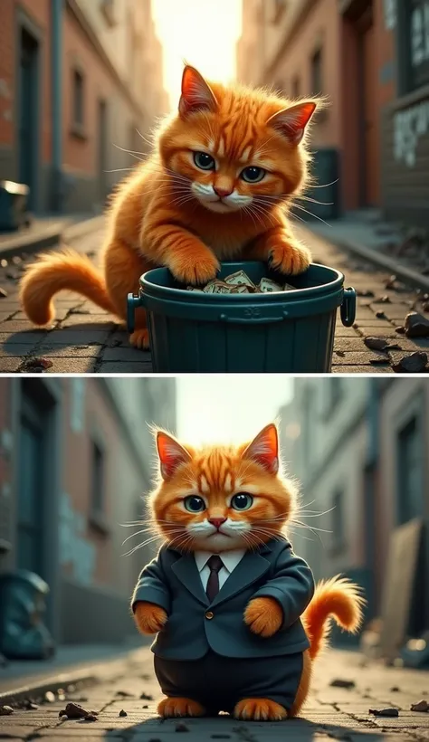 A vertical split-screen image, showcasing a dramatic before and after transformation of an orange anthropomorphic cat. On the top half, the cat appears scruffy and sad, rummaging through a trash can in a dark alley under a dim streetlight. The background i...