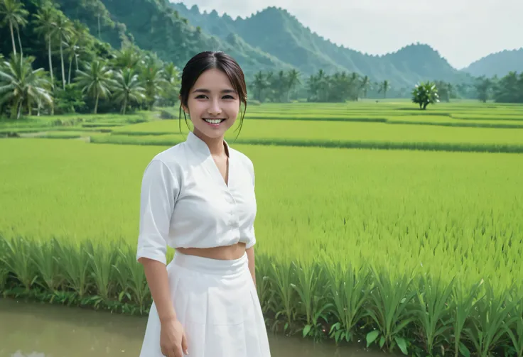 An Asian girl wearing traditional white clothes smiles at the camera, with a backdrop of green rice fields, rule of thirds