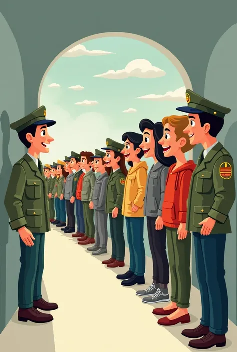 
Recrutement militaire en dessin anfentin avec des civils qui font la queue dans un tunnel simple 