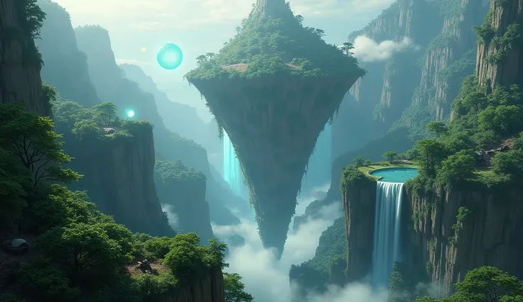 A world where floating islands with lush green forests and waterfalls drift in a zero-gravity space, with glowing orbs of light floating around.