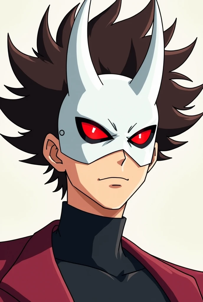  Cartoon of a male anime character  , with big dark brown hair ,  a white mask that covers her entire face with horns, and red eyes 