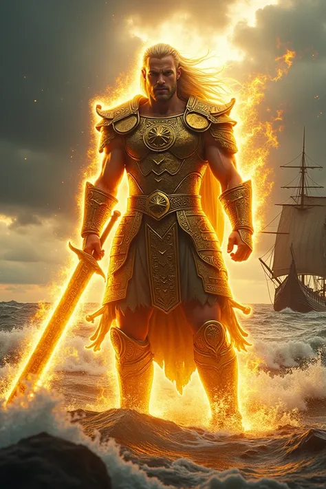  Viking gold armor ,aura super Saiyan , fire sword sea background and ship 