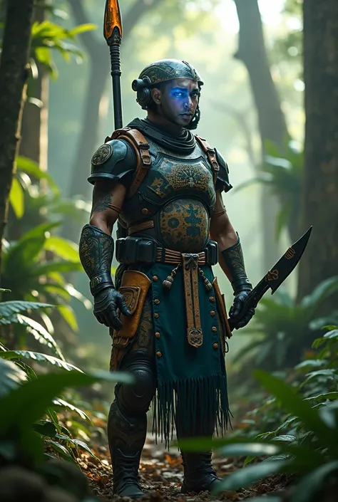 A futuristic warrior stands in the dense, vibrant jungles of the Brazilian Amazon, blending high-tech gear with elements of local culture. He wears an advanced combat suit made of a reflective, adaptive material that camouflages seamlessly with the surroun...