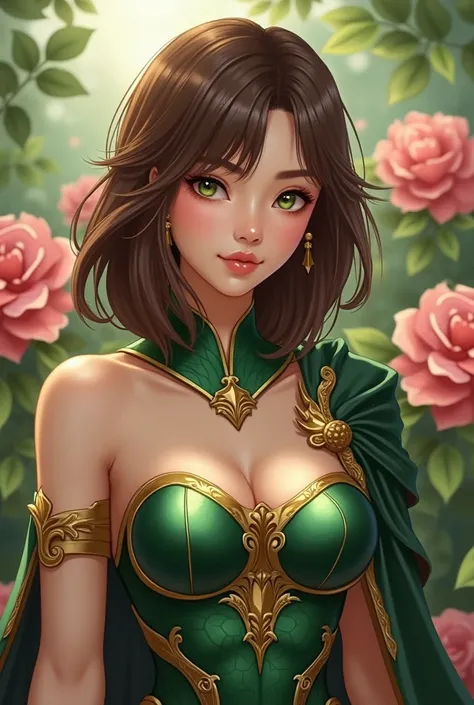 Create me an image in the Korean fanart manwha style with a 30-year-old woman with the beauty of a goddess with green eyes and medium-short brown hair and bangs with a serious look with a voluptuous and beautiful body, muscular and very tall,  wearing gree...