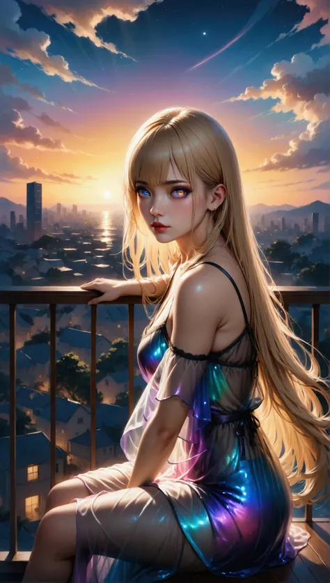 (masterpiece, aesthetic, detailed eyes, realistic), 1girl, mahiru shiina, angel next door spoils me rotten, Long smooth straight golden hair, purple to golden gradient eyes, sitting in see through night gown on balcony, super detail, best quality, 8k