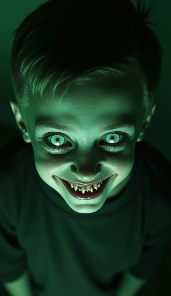 Alee’s distorted face staring at the group. A close-up of the ghostly boy’s face, with hollow white eyes and a sinister grin, illuminated by a faint, eerie green light.