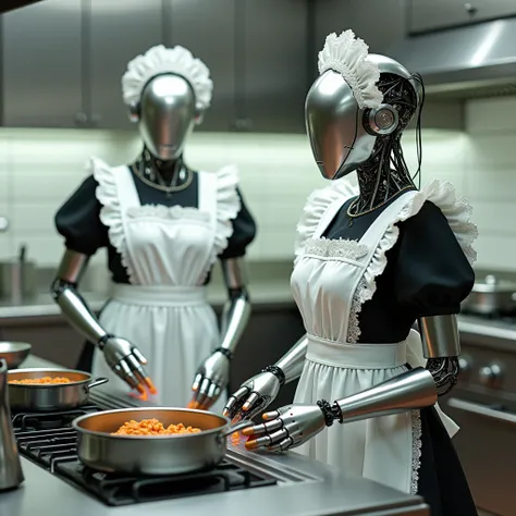 Realistic photography,2 Mecha girl, human body with Robotics face, wearing french maids costume, cooking in kitchen.
