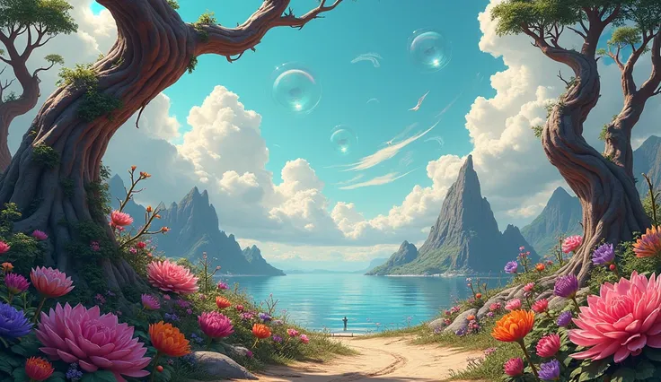 An island with a mysterious landscape, where trees and flowers have strange colors, and the sky is full of mirages.