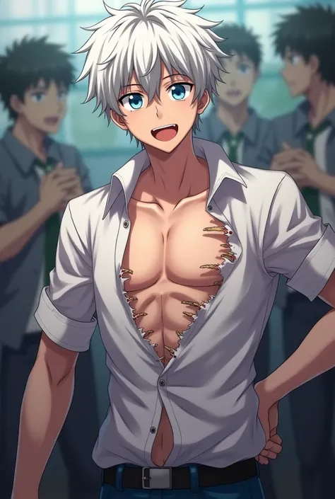 Sexy white haired anime boy being beaten up in school in front of everyone, white haired boys shirt ripped open violently by the bullies, revealing white haired boys sexy v line abs