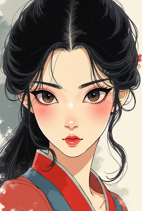 Ink Painting, portrait color photos, 1 girl, flashy makeup, face close-up, Mulan, Chinese Heroine, Black Hair, Ancient times, Delicate and precise, Chinese Painting style, Modern Ukiyo-e Style, looks cool and determined, 9:20 ratio