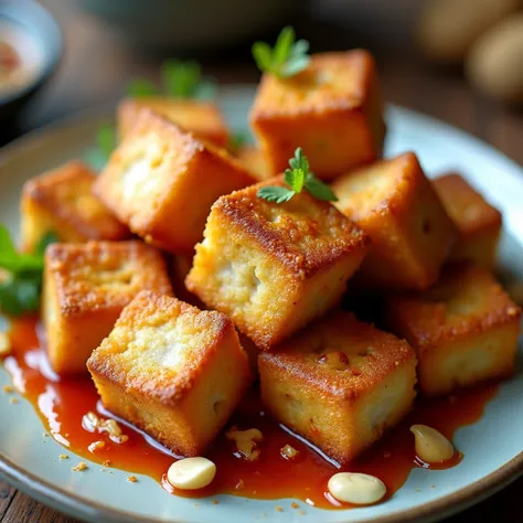 create a thai Fried Tofu adding Golden fried tofu topped with roasted peanuts, served with sweet & sour sauce.