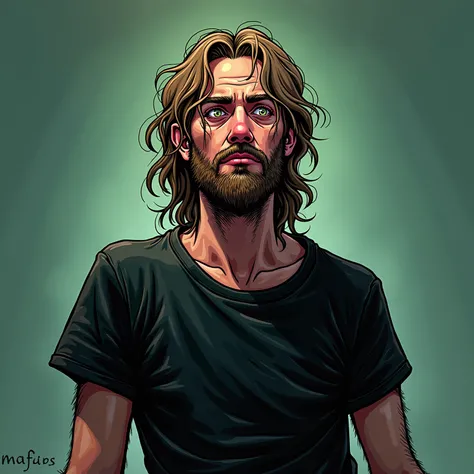 man with long hair and little beard, small beard, no beard, around 1, beardless, disheveled looking, bearded purgatory man and a black t-shirt, cartoon colored with cartoon lines, oil colors