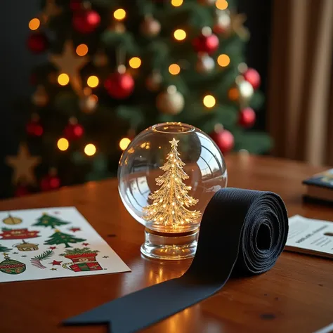  Create an image for a commemorative Christmas post .  This image should show ,  in the vision of someone sitting at a sophisticated solid wood desk . On top of her ,  has Christmas cards and ornaments scattered . On top of her  também existe uma bola de á...