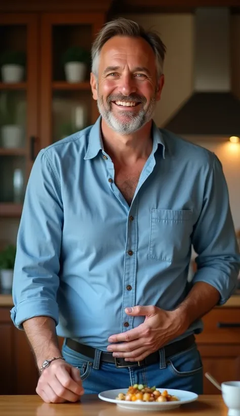 image of a man, 50 years,  smiling,  brown hair , wearing a blue shirt and jeans,  sitting at the dining table with one hand over the belly, expression of happiness after having eaten well 