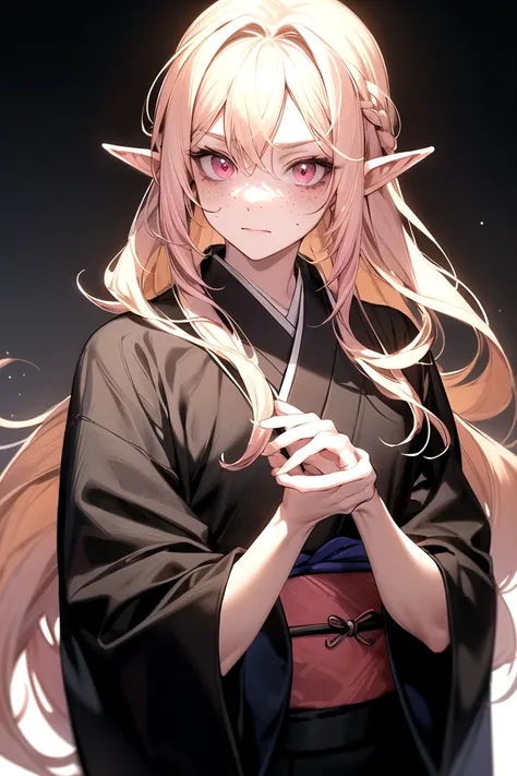 A cute half-elf he has vary long bright blonde hair and pink tips, pink eyes.he has freckles, wear black kimono