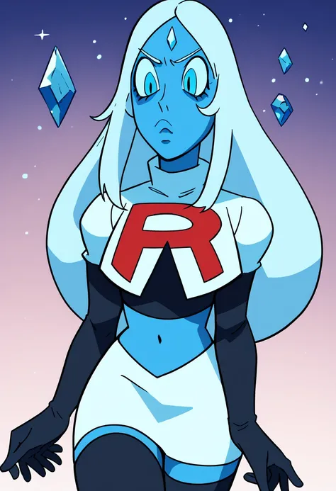 thick lips, blue eyes, blue skin, gem on chest, blue eyes lining, Blue Diamond, giant female, long blue hair, team rocket,team rocket uniform,white skirt,red letter R,crop top,black thigh-highs,black elbow gloves, anthro