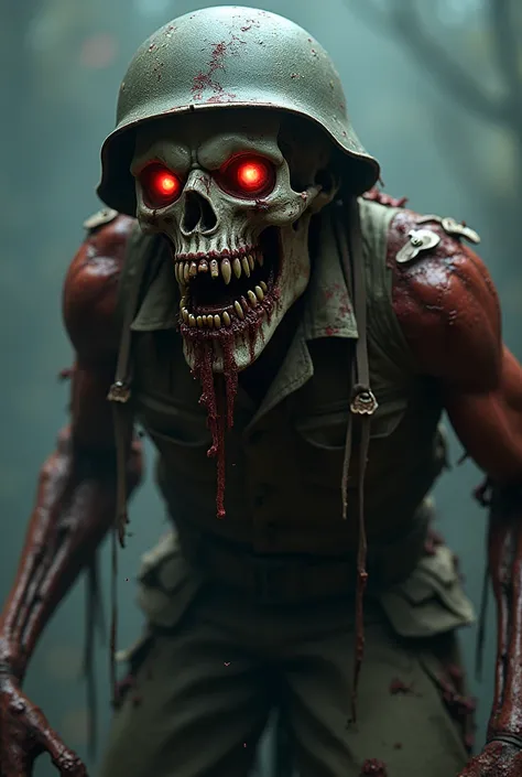 Create realistic image of a scary looking WW2 imperial Japanese with helmet uniform zombie demon oni yokai skeleton creature monster putrefactions bloods 