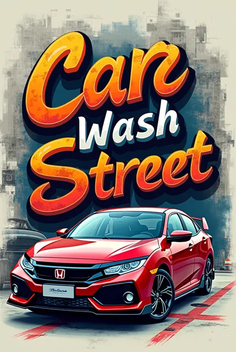 Create a logo that says Car Wash Street in the form of street art with a Civic Honda car below 